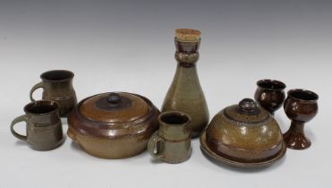 Australian Bendigo Pottery to include goblets, mugs, covered dishes and a carafe, (8)