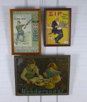 Hendersons' framed advertisement, 50 x 38cm and two framed posters to include Zip tonic Table