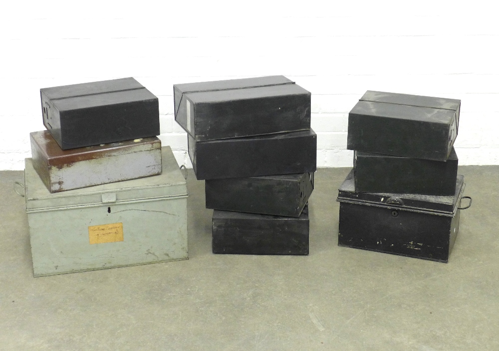 Nine various vintage metal deed boxes. (9)