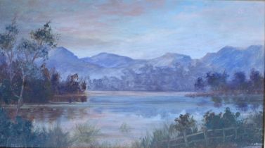 An untitled loch scene oil on board, apparently unsigned, in a gilt frame, 28 x 16cm