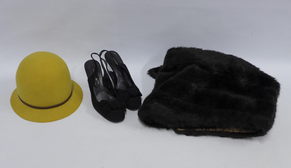 Mink fur shoulder cape, vintage felt hat by Jacoll and a pair of L.K Bennett black suede shoes, size