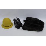 Mink fur shoulder cape, vintage felt hat by Jacoll and a pair of L.K Bennett black suede shoes, size