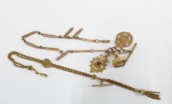 Watch chain, clasp stamped 9ct with an unmarked T-bar, a 9ct gold swivel fob and two 9ct gold medals