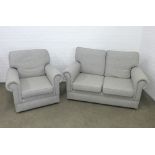 Contemporary grey upholstered two seater sofa and matching armchair, neat proportions, 150 x 76cm.