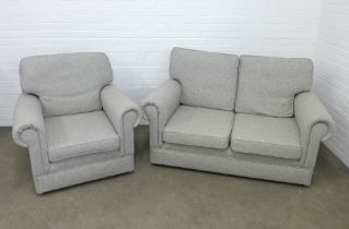 Contemporary grey upholstered two seater sofa and matching armchair, neat proportions, 150 x 76cm.