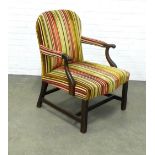 Mahogany framed open armchair with striped upholstery, 66 x 92 x 59cm.