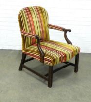 Mahogany framed open armchair with striped upholstery, 66 x 92 x 59cm.