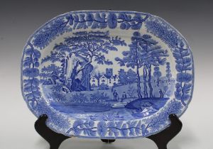 19th century Davenport blue and white transfer printed meat dish / ashet, impressed marks, 42 x