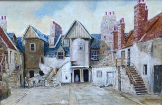 19th CENTURY SCOTTISH SCHOOL, WHITE HORSE CLOSE, EDINBURGH, oil on canvas, signed with initials W.