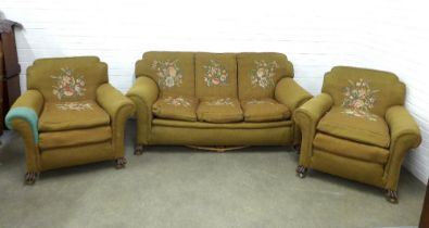 Early 20th century Country House lounge suite with a three seater sofa and two armchairs, in beige