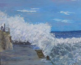 ANNE E. DUNLOP, STORMY SEAS, oil on board, framed and labelled verso, 48 x 38cm