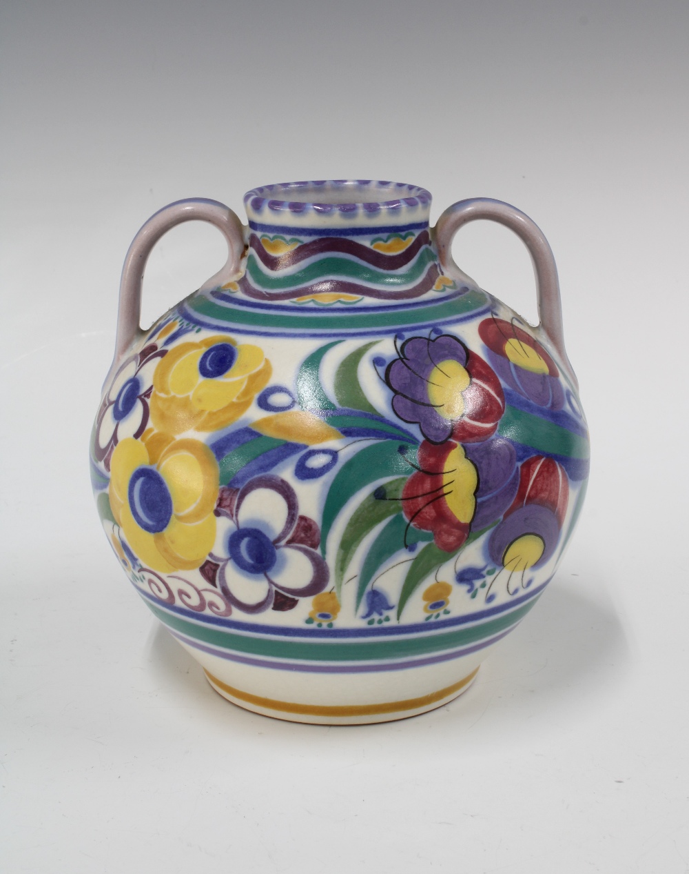 Poole Pottery 1930s fuschia pattern vase with loop handles, impressed factory marks and pattern mark - Image 2 of 3