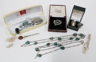 Vintage silver and costume jewellery to include turquoise beads, a locket, marcasite dress ring, etc