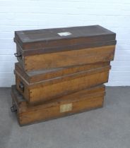 Set of three late 19th / early 20th century pine storage crates, with iron handles, 98 x 29 x