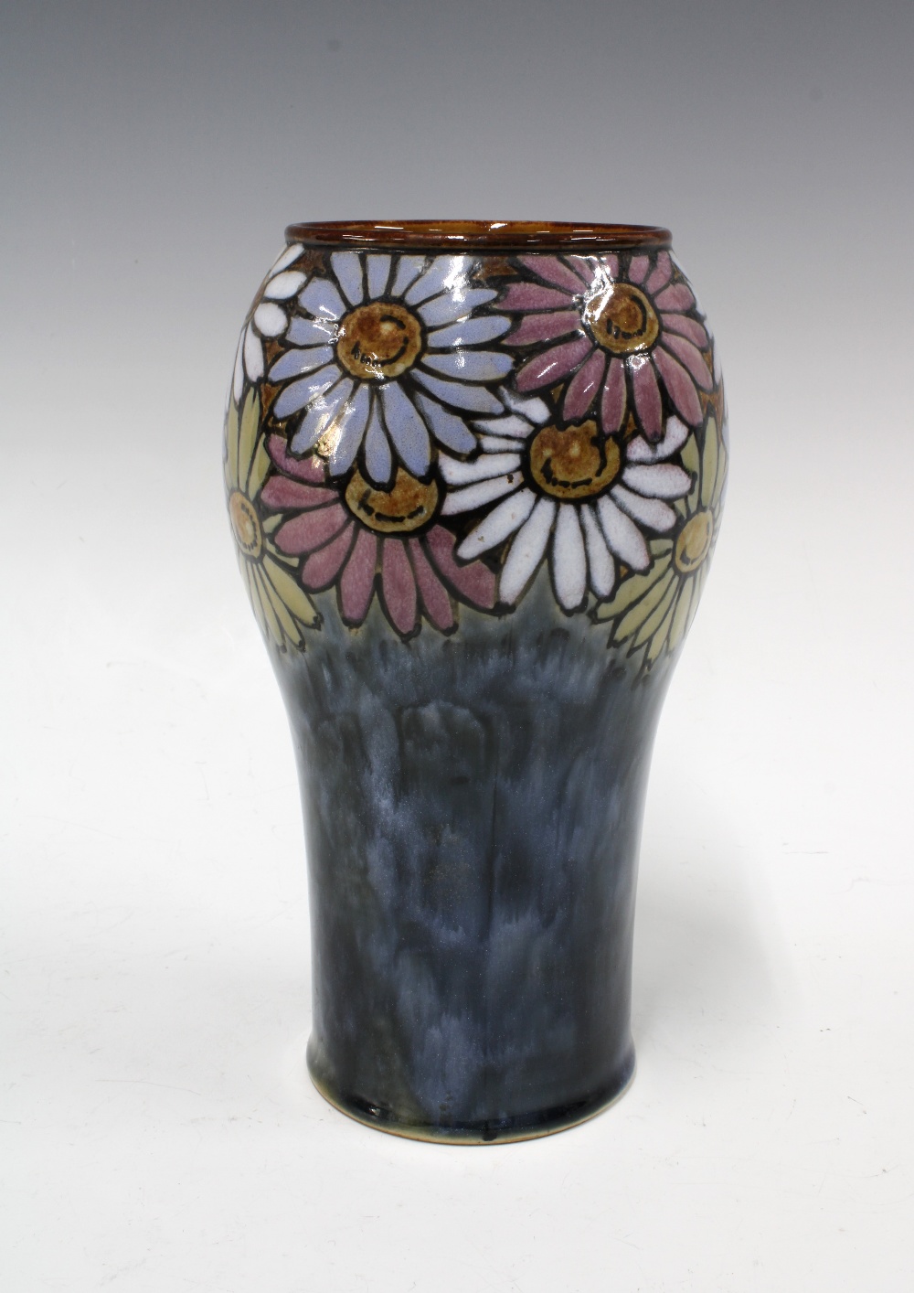 Royal Doulton vase by Florrie Jones, blue ground with a band of flowers , impressed marks and - Image 2 of 3