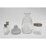 Art Deco carafe, small hobnail scent bottle and stopper and three Epns and glass toilet jars (5)