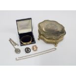 Jewellery box with a 9ct cameo brooch, gold plated bangle and a silver chain etc