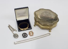 Jewellery box with a 9ct cameo brooch, gold plated bangle and a silver chain etc