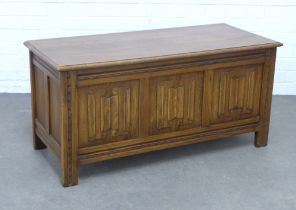 Oak / elm blanket box, hinged top and linen fold carving to front, 106 x 52 x 46cm.