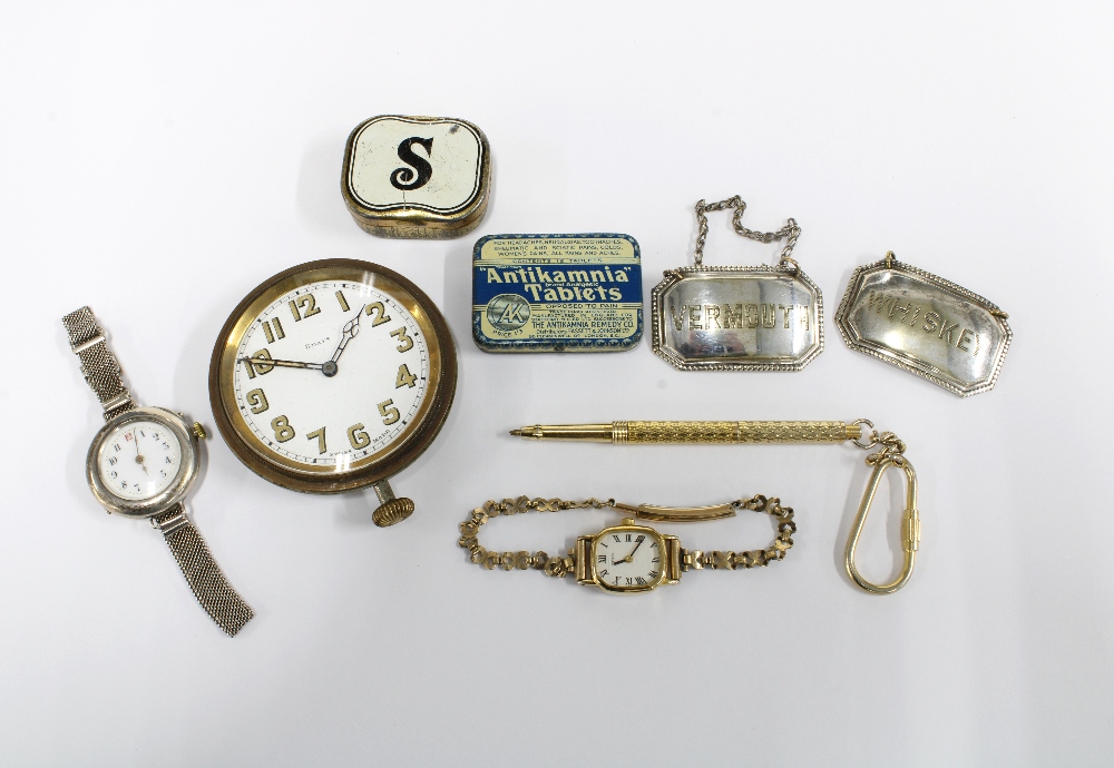 Ladies early 20th century silver cased wristwatch, Epns decanter labels to include Whiskey &