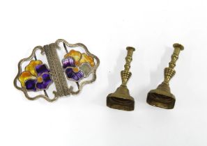 Edwardian silver and enamel belt buckle, Birmingham 1909 (a/f) and a pair of miniature brass