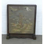 Meiji silk needlework panel depicting an turtle, cranes and clouds, under glass within a chinoiserie