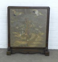 Meiji silk needlework panel depicting an turtle, cranes and clouds, under glass within a chinoiserie