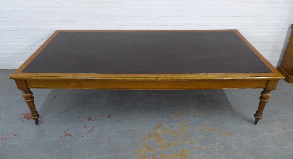 Early 20th century large oak library or boardroom table, rectangular top with inset skiver and - Image 2 of 4