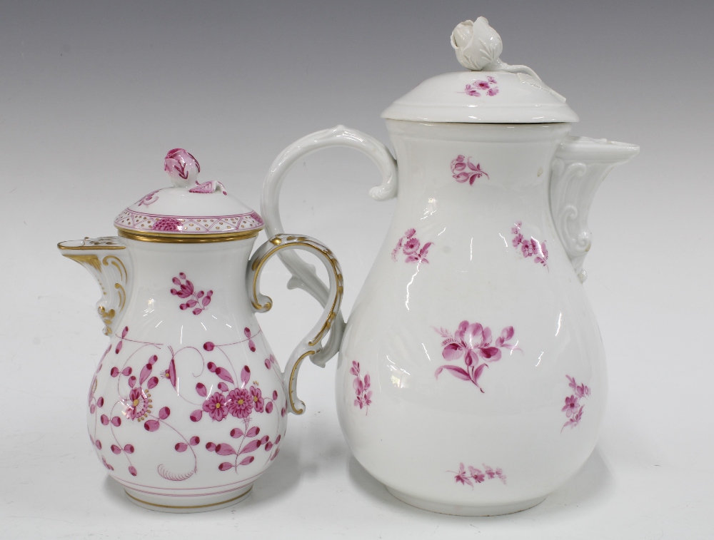 Meissen coffee pot, baluster form and painted with puce floral sprays with a moulded spout and - Image 2 of 3