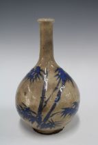 Early 20th century bottle neck vase, craquelure ground with stylised blue leaf pattern, 17 x 28cm.