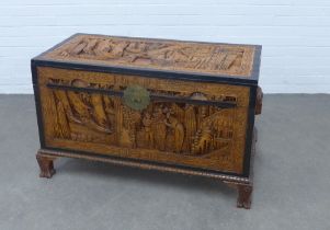 Chinoiserie carved camphorwood blanket box chest, brass fittings and lift out tray, 110 x 64 x 58cm.