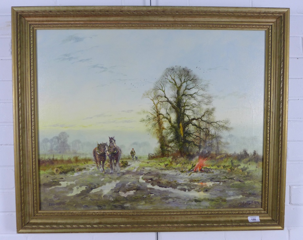 ALWYN CRAWSHAW (British, b. 1934) Landscape with working horses, signed oil on canvas, framed,