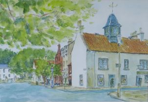 Untitled village square scene, watercolour and crayon, signed indistinctly and framed under glass,