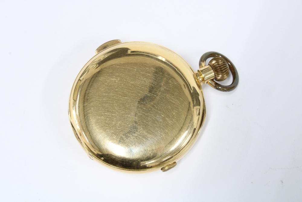 An 18ct gold full hunter chronograph pocket watch, white enamel dial with roman numerals and outer - Image 3 of 7