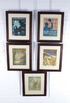 Set of five framed music sheets, 42 x 50cm including frame, (5)