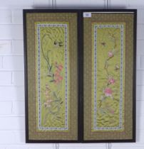A pair of Japanese silk needlework panels, framed under glass, 28 x 65cm including frames (2)