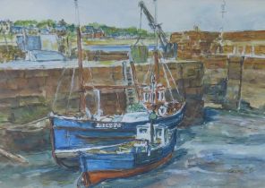 Untitled harbour scene, watercolour and crayon, signed indistinctly and framed under glass, 50 x