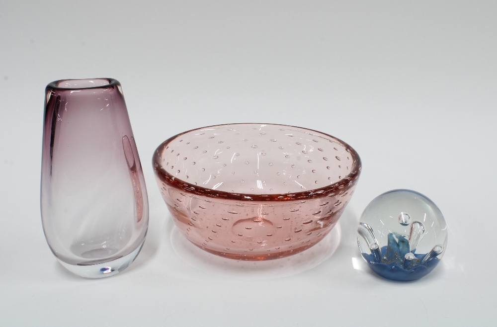 Caithness Glass paperweight, Whitefriars glass bowl and an art glass vase (3) 21cm.