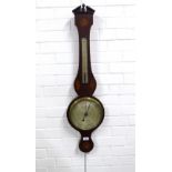 19th century mahogany banjo wall barometer, silvered dials and inlaid paterae, 95cm long