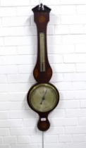 19th century mahogany banjo wall barometer, silvered dials and inlaid paterae, 95cm long