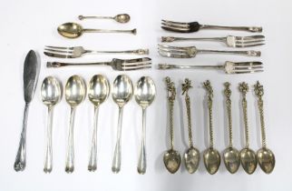 Five Walker & Hall Sheffield silver teaspoons, a set of six Epns thistle pastry forks, set of six