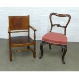 Mahogany side chair together with an oak and leather open armchair, 52 x 84 x 44cm. (2)