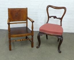 Mahogany side chair together with an oak and leather open armchair, 52 x 84 x 44cm. (2)