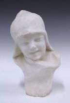 Carved white stone bust of a young child in a shroud, 22 x 37cm.