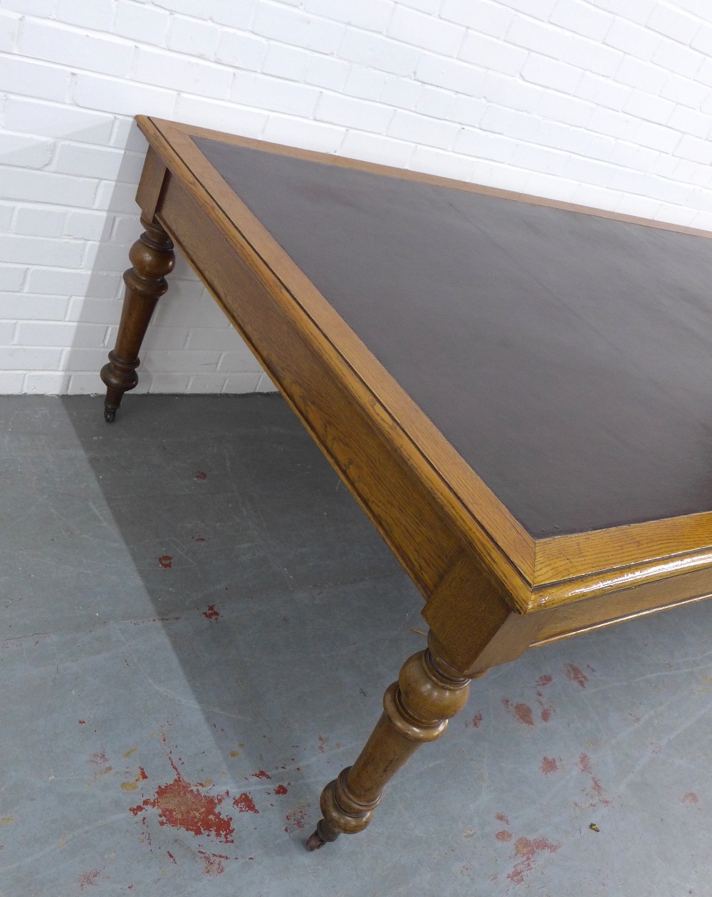 Early 20th century large oak library or boardroom table, rectangular top with inset skiver and - Image 4 of 4
