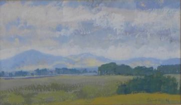 CHARLES SIMPSON, SUN ON THE PENTLANDS, signed gouache, framed under glass, 15 x 9cm