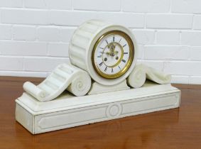 McKay Cunningham & Co., Edinburgh, drumhead white hardstone mantle clock, with brocot type