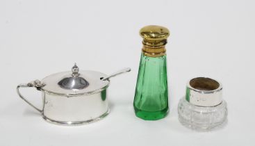 Silver collared glass salt, a green glass scent bottle with gilt metal hinged lid and an Epns