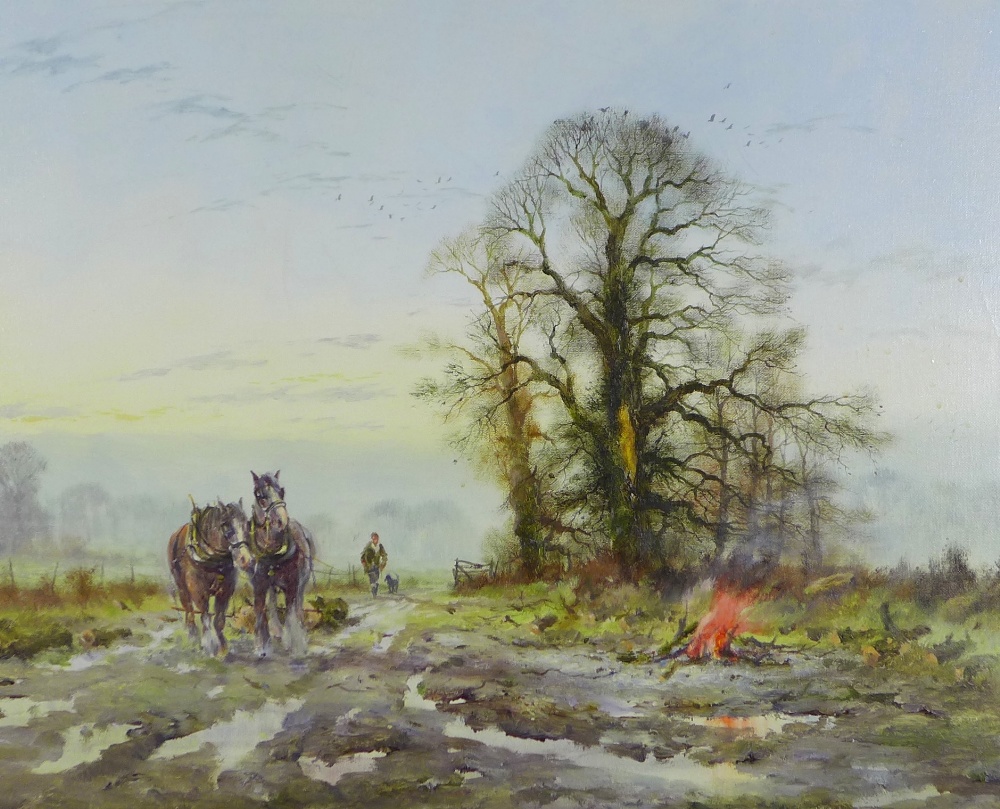 ALWYN CRAWSHAW (British, b. 1934) Landscape with working horses, signed oil on canvas, framed, - Image 2 of 3