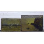 A.M STEWART, untitled oil on board shore and cliff scene, signed and dated 1945, 45 x 33cm, together